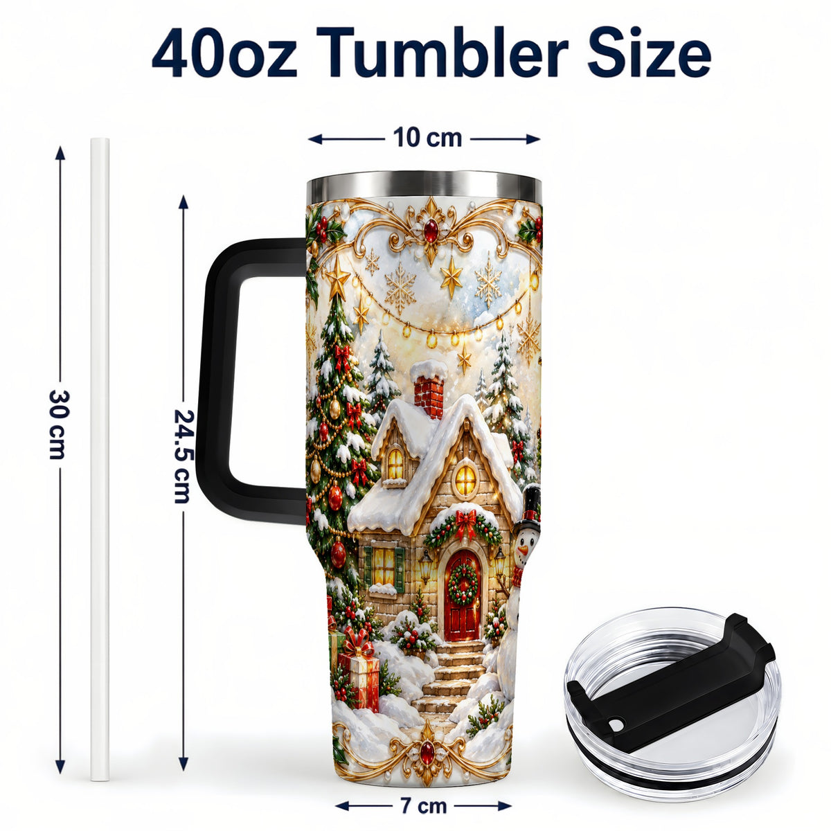 #pl[40oz|Black] Ornate Christmas 40oz Tumbler with Handle, Snowman Cottage Theme