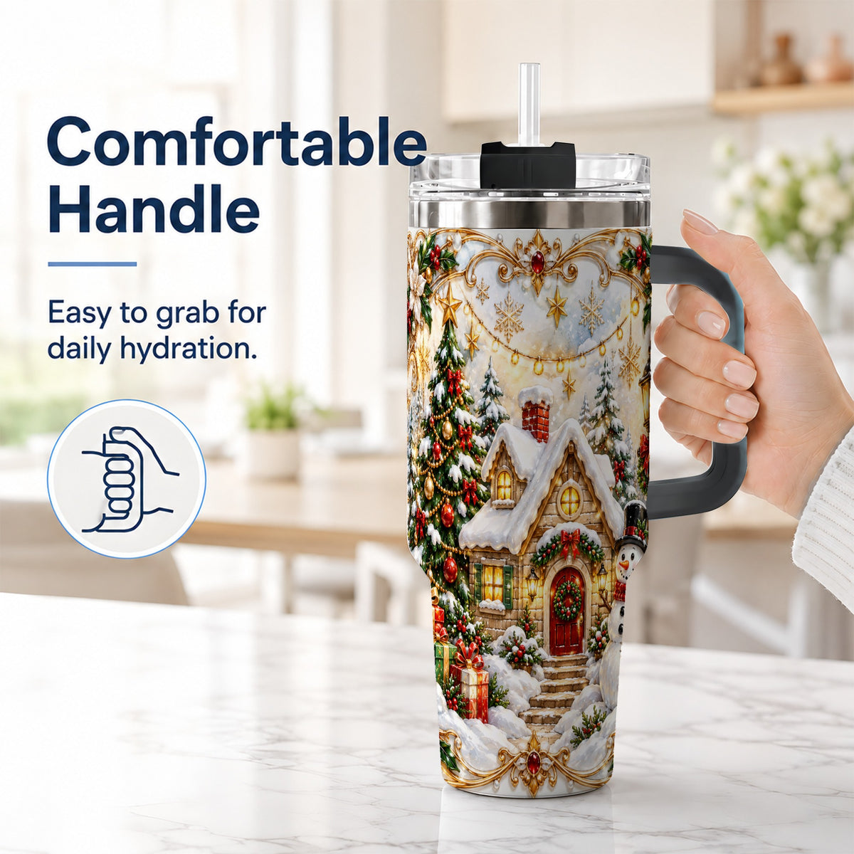 #pl[40oz|Black] Ornate Christmas 40oz Tumbler with Handle, Snowman Cottage Theme
