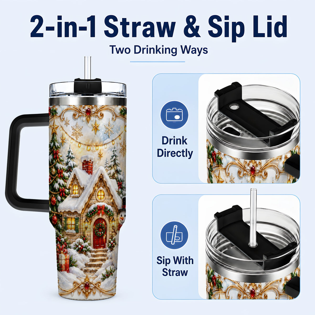 #pl[40oz|Black] Ornate Christmas 40oz Tumbler with Handle, Snowman Cottage Theme