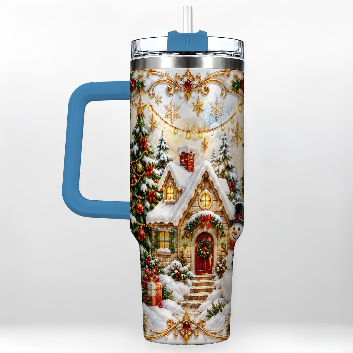 #pl[40oz|Blue] Ornate Christmas 40oz Tumbler with Handle, Snowman Cottage Theme