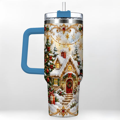 #pl[40oz|Blue] Ornate Christmas 40oz Tumbler with Handle, Snowman Cottage Theme