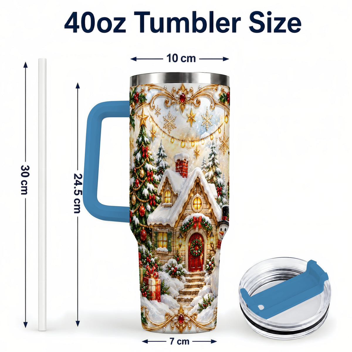 #pl[40oz|Blue] Ornate Christmas 40oz Tumbler with Handle, Snowman Cottage Theme