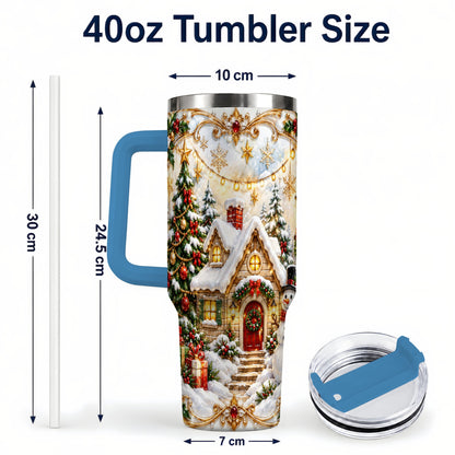 #pl[40oz|Blue] Ornate Christmas 40oz Tumbler with Handle, Snowman Cottage Theme