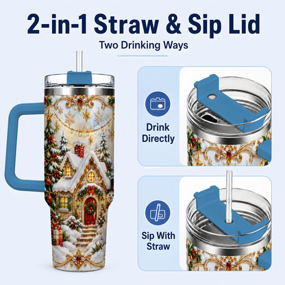 #pl[40oz|Blue] Ornate Christmas 40oz Tumbler with Handle, Snowman Cottage Theme