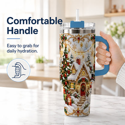 #pl[40oz|Blue] Ornate Christmas 40oz Tumbler with Handle, Snowman Cottage Theme