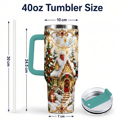 #pl[40oz|Green] Ornate Christmas 40oz Tumbler with Handle, Snowman Cottage Theme