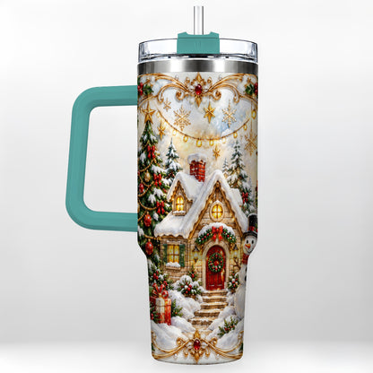 #pl[40oz|Green] Ornate Christmas 40oz Tumbler with Handle, Snowman Cottage Theme