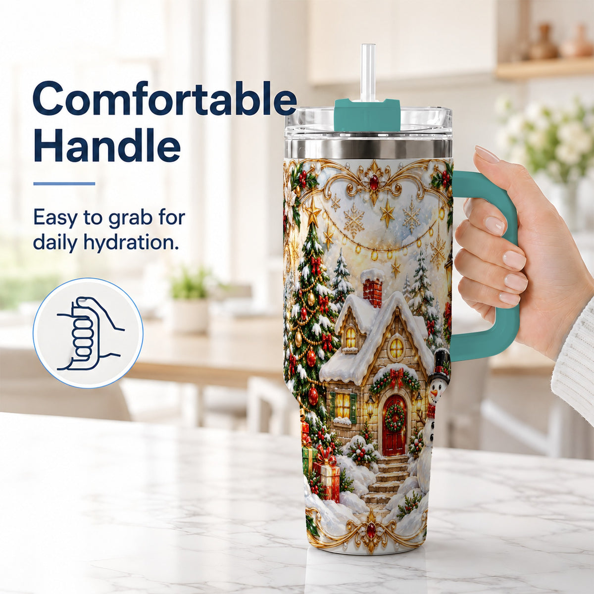 #pl[40oz|Green] Ornate Christmas 40oz Tumbler with Handle, Snowman Cottage Theme