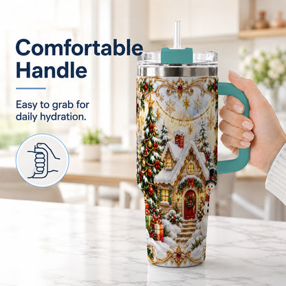 #pl[40oz|Green] Ornate Christmas 40oz Tumbler with Handle, Snowman Cottage Theme