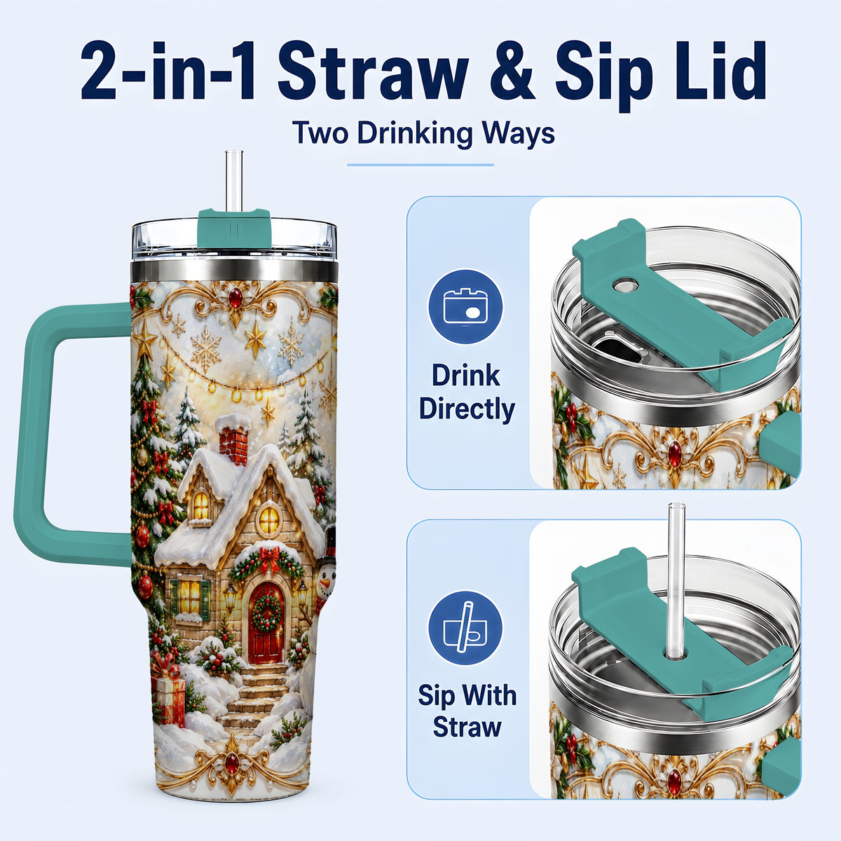 #pl[40oz|Green] Ornate Christmas 40oz Tumbler with Handle, Snowman Cottage Theme