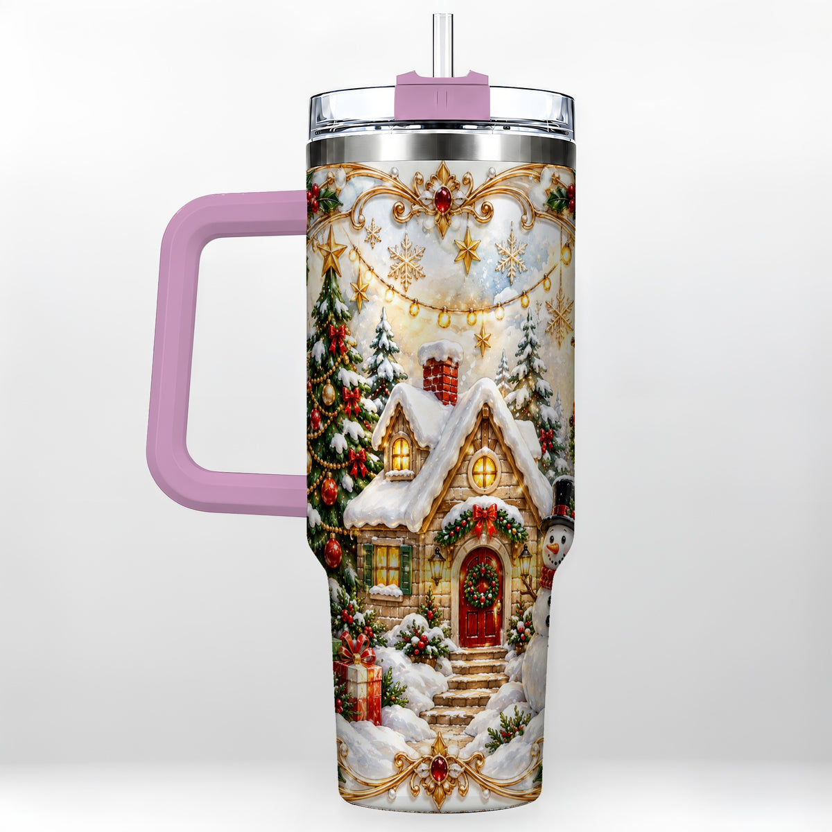 #pl[40oz|Pink] Ornate Christmas 40oz Tumbler with Handle, Snowman Cottage Theme