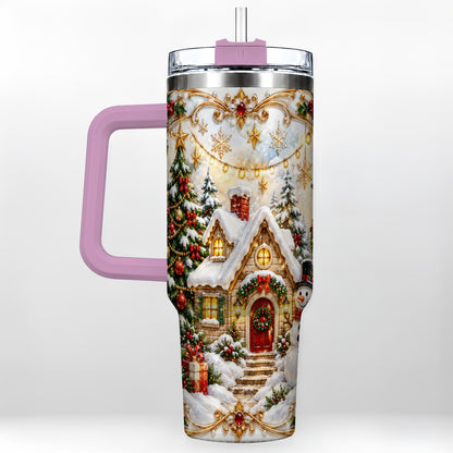 #pl[40oz|Pink] Ornate Christmas 40oz Tumbler with Handle, Snowman Cottage Theme