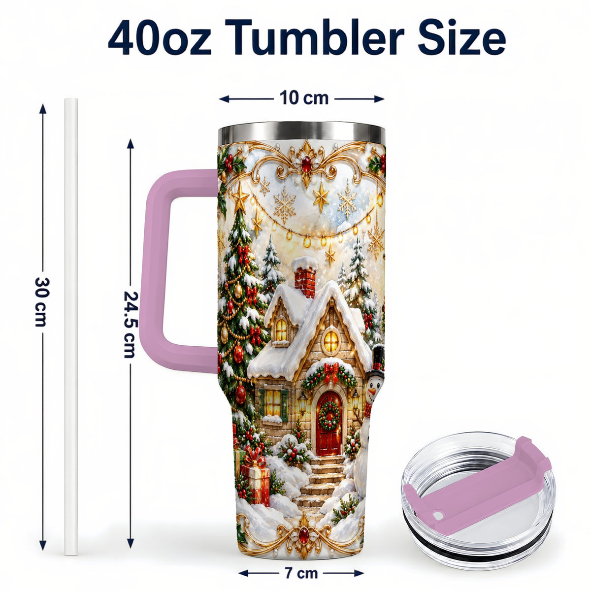 #pl[40oz|Pink] Ornate Christmas 40oz Tumbler with Handle, Snowman Cottage Theme
