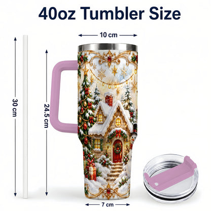 #pl[40oz|Pink] Ornate Christmas 40oz Tumbler with Handle, Snowman Cottage Theme