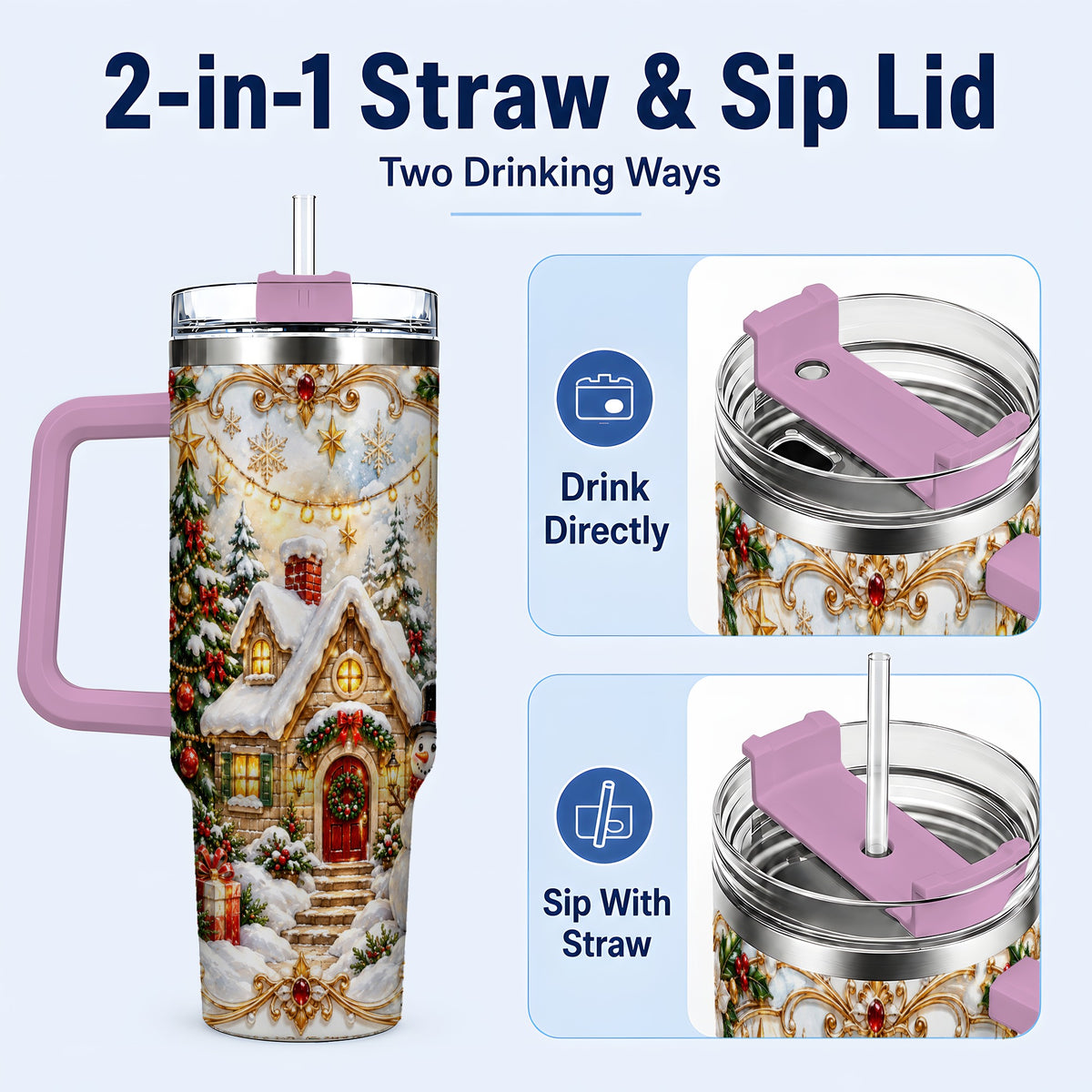 #pl[40oz|Pink] Ornate Christmas 40oz Tumbler with Handle, Snowman Cottage Theme