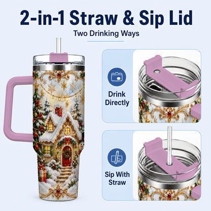 #pl[40oz|Pink] Ornate Christmas 40oz Tumbler with Handle, Snowman Cottage Theme