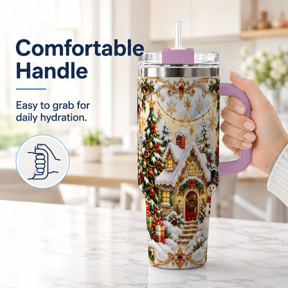 #pl[40oz|Pink] Ornate Christmas 40oz Tumbler with Handle, Snowman Cottage Theme