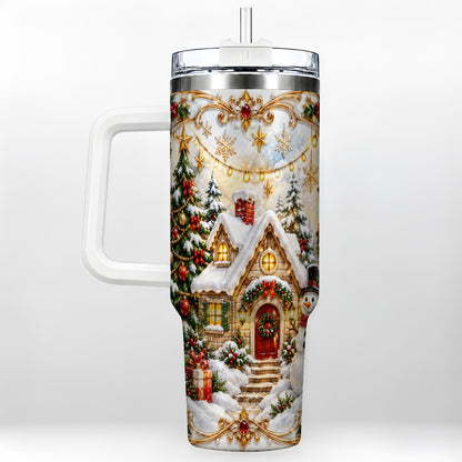 Ornate Christmas 40oz Tumbler with Handle, Snowman Cottage Theme