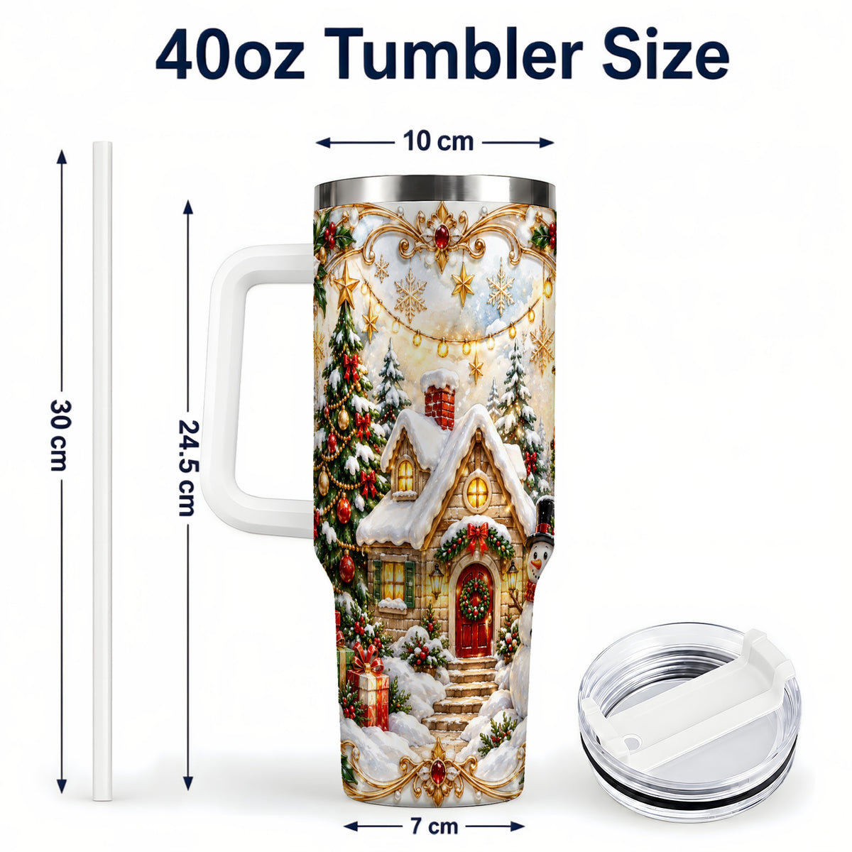 #pl[40oz|White] Ornate Christmas 40oz Tumbler with Handle, Snowman Cottage Theme