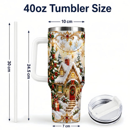 #pl[40oz|White] Ornate Christmas 40oz Tumbler with Handle, Snowman Cottage Theme