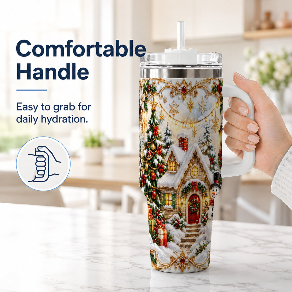 #pl[40oz|White] Ornate Christmas 40oz Tumbler with Handle, Snowman Cottage Theme