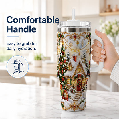 #pl[40oz|White] Ornate Christmas 40oz Tumbler with Handle, Snowman Cottage Theme