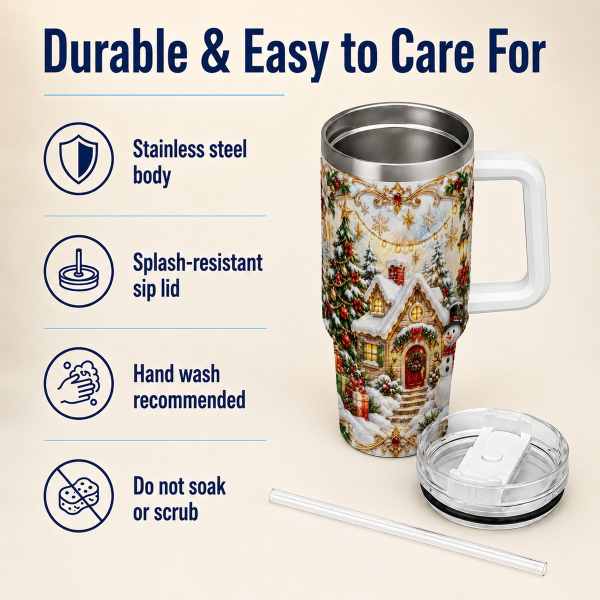 Ornate Christmas 40oz Tumbler with Handle, Snowman Cottage Theme