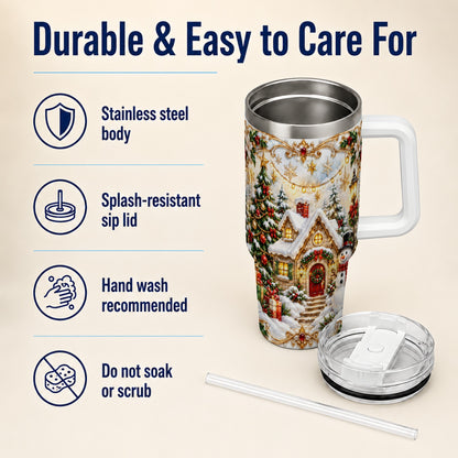 Ornate Christmas 40oz Tumbler with Handle, Snowman Cottage Theme