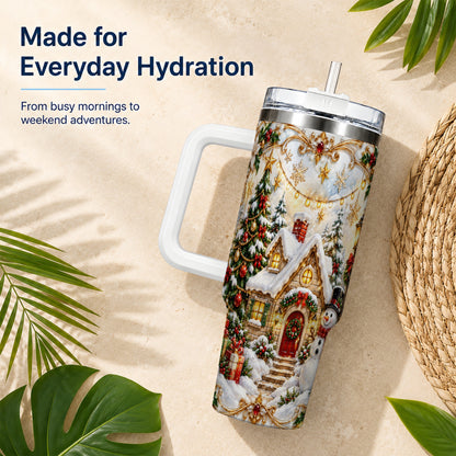 Ornate Christmas 40oz Tumbler with Handle, Snowman Cottage Theme