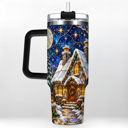 #pl[40oz|Black] Winter Cottage 40oz Tumbler with Handle, Stained Glass Style