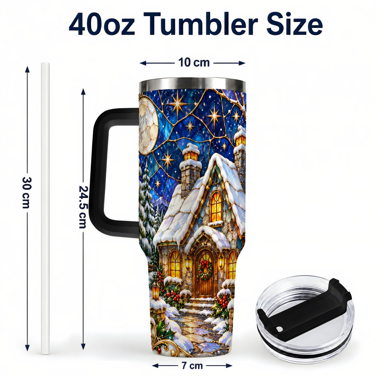 #pl[40oz|Black] Winter Cottage 40oz Tumbler with Handle, Stained Glass Style