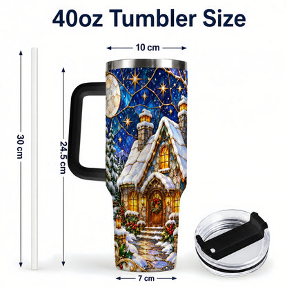 #pl[40oz|Black] Winter Cottage 40oz Tumbler with Handle, Stained Glass Style