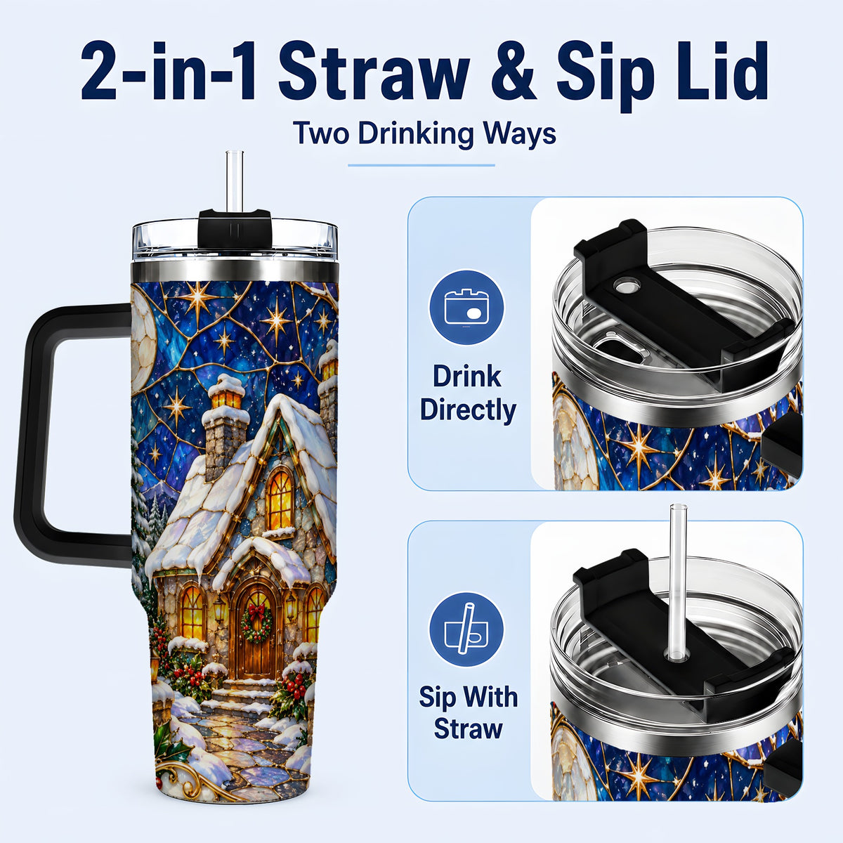 #pl[40oz|Black] Winter Cottage 40oz Tumbler with Handle, Stained Glass Style