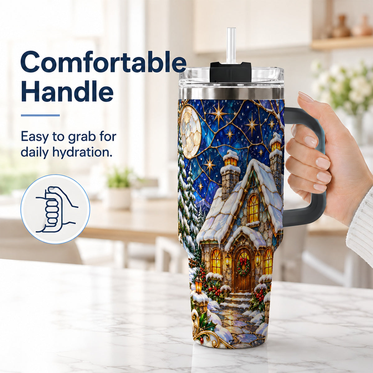 #pl[40oz|Black] Winter Cottage 40oz Tumbler with Handle, Stained Glass Style
