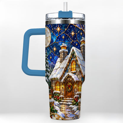 #pl[40oz|Blue] Winter Cottage 40oz Tumbler with Handle, Stained Glass Style