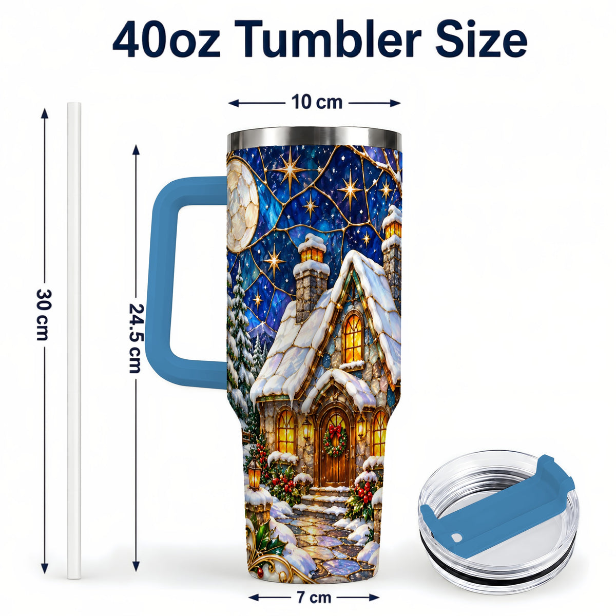 #pl[40oz|Blue] Winter Cottage 40oz Tumbler with Handle, Stained Glass Style