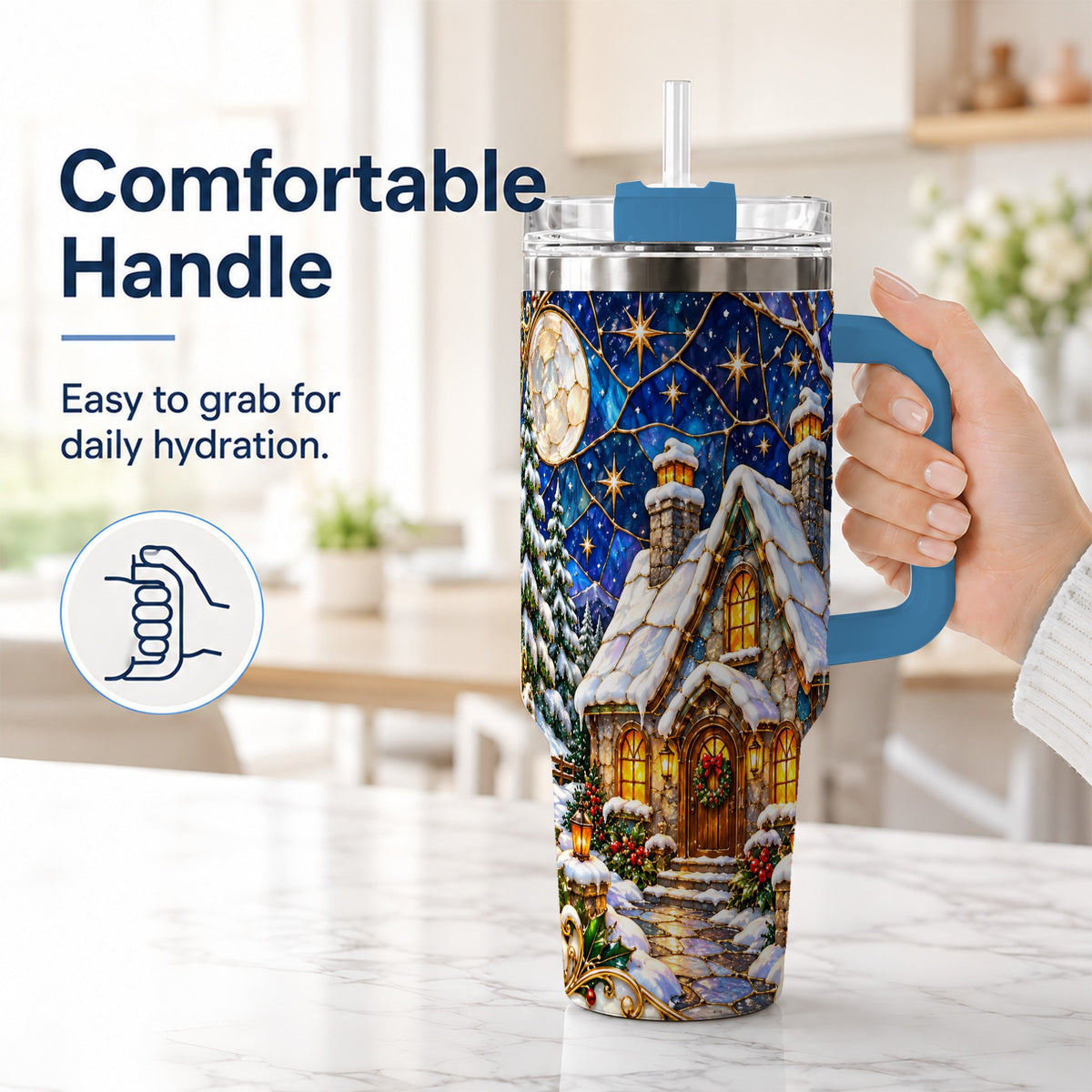#pl[40oz|Blue] Winter Cottage 40oz Tumbler with Handle, Stained Glass Style