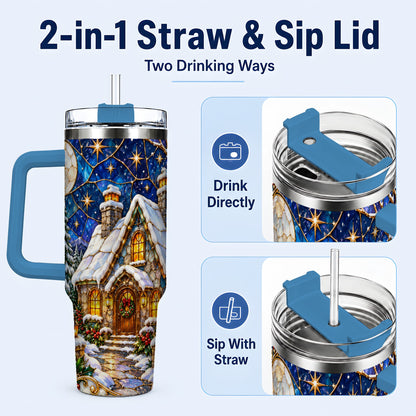 #pl[40oz|Blue] Winter Cottage 40oz Tumbler with Handle, Stained Glass Style