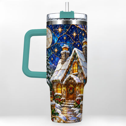 #pl[40oz|Green] Winter Cottage 40oz Tumbler with Handle, Stained Glass Style