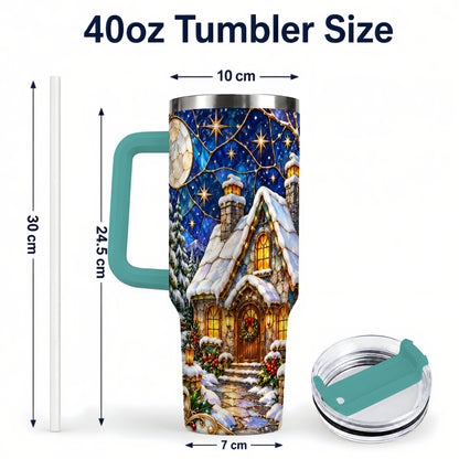 #pl[40oz|Green] Winter Cottage 40oz Tumbler with Handle, Stained Glass Style