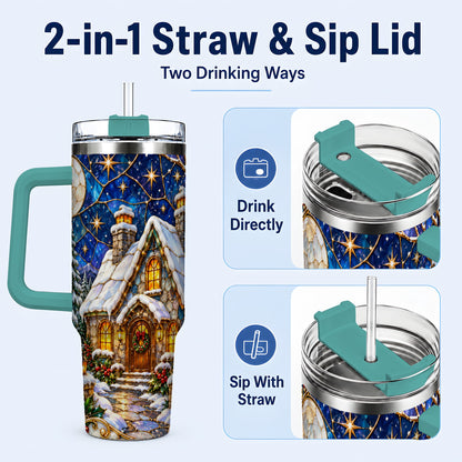 #pl[40oz|Green] Winter Cottage 40oz Tumbler with Handle, Stained Glass Style