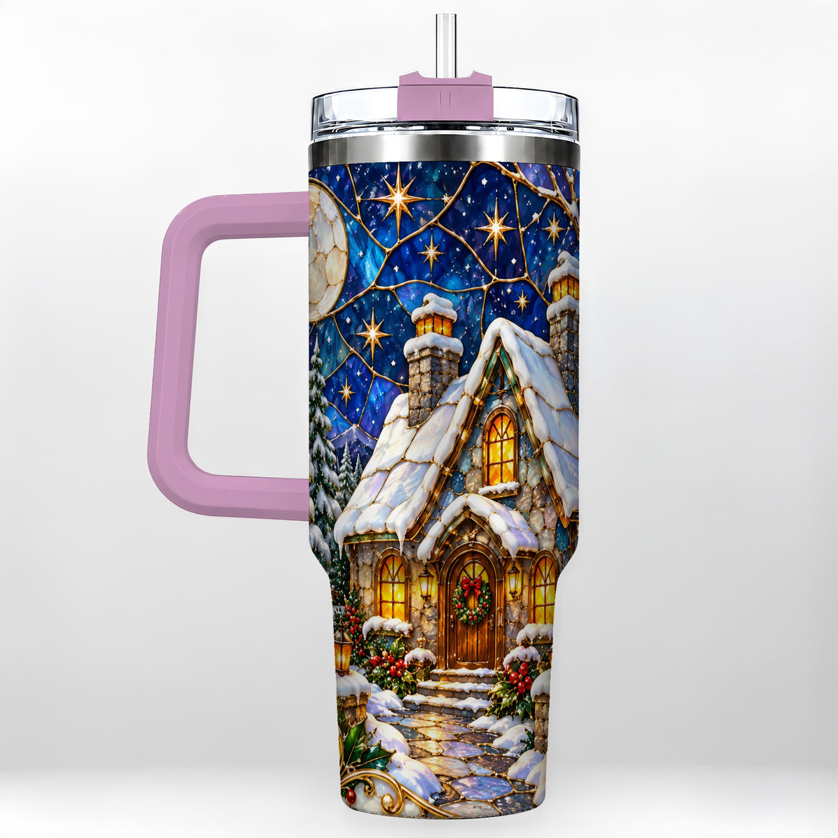 #pl[40oz|Pink] Winter Cottage 40oz Tumbler with Handle, Stained Glass Style