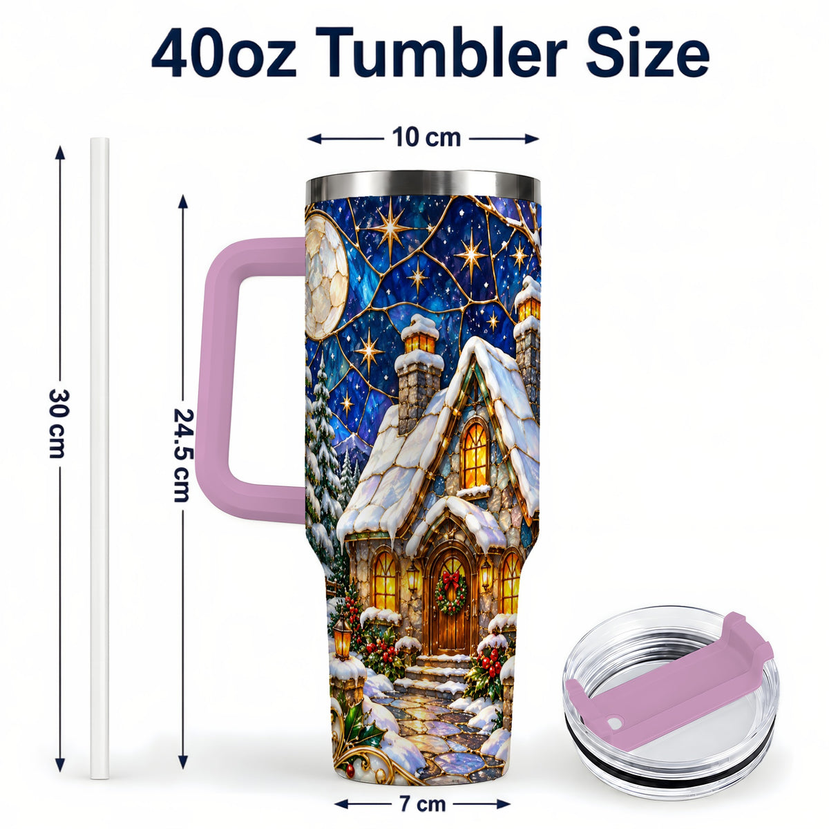 #pl[40oz|Pink] Winter Cottage 40oz Tumbler with Handle, Stained Glass Style