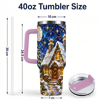 #pl[40oz|Pink] Winter Cottage 40oz Tumbler with Handle, Stained Glass Style