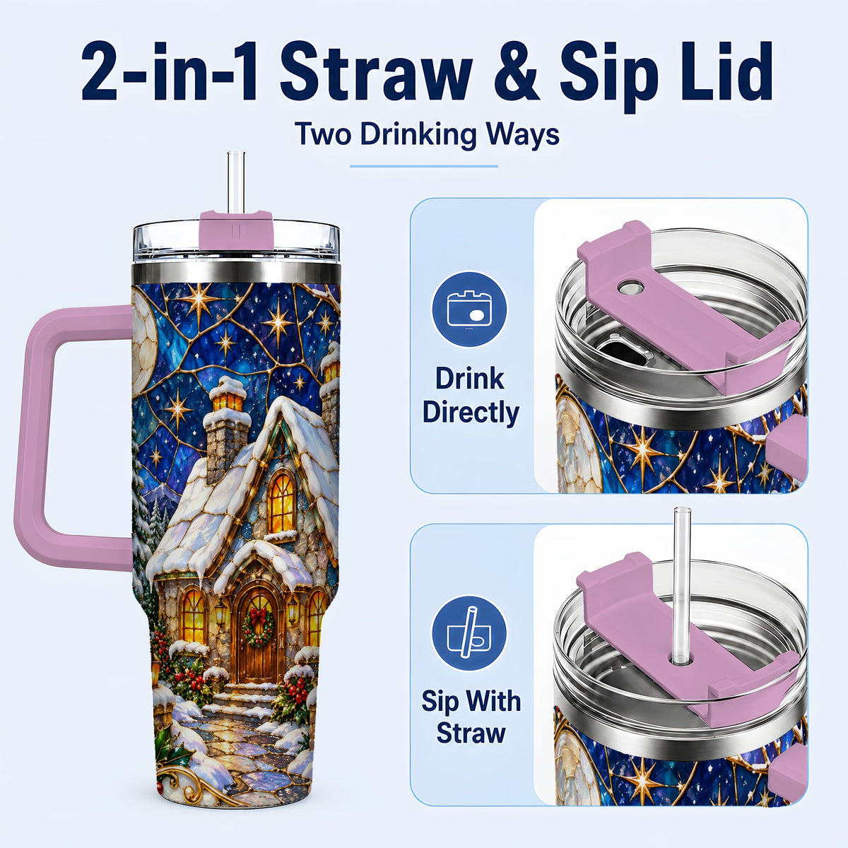 #pl[40oz|Pink] Winter Cottage 40oz Tumbler with Handle, Stained Glass Style