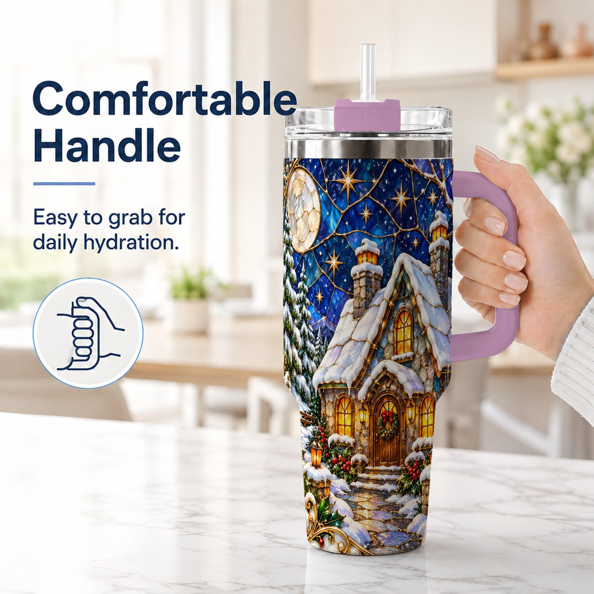 #pl[40oz|Pink] Winter Cottage 40oz Tumbler with Handle, Stained Glass Style