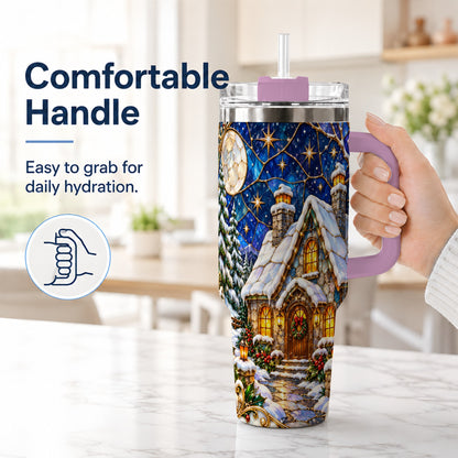 #pl[40oz|Pink] Winter Cottage 40oz Tumbler with Handle, Stained Glass Style