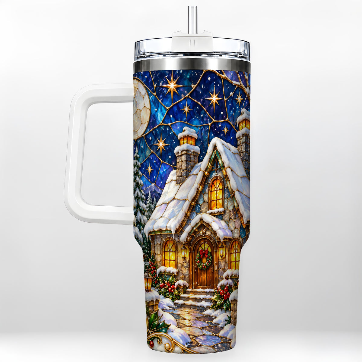 Winter Cottage 40oz Tumbler with Handle, Stained Glass Style