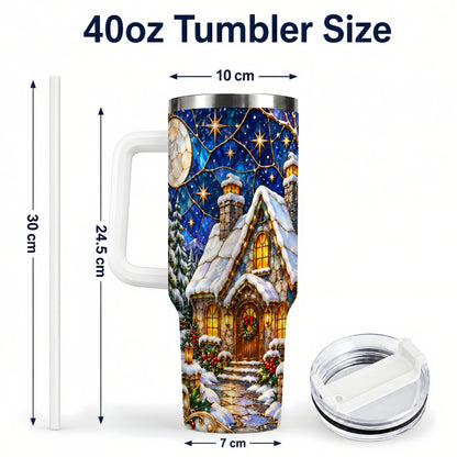 #pl[40oz|White] Winter Cottage 40oz Tumbler with Handle, Stained Glass Style