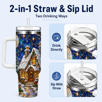 #pl[40oz|White] Winter Cottage 40oz Tumbler with Handle, Stained Glass Style